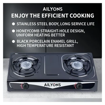 AILYONS GS013-2 Gas Cooker Stainless Steel Double Burner Black (1YR WRTY), image 2