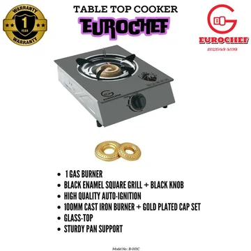 Eurochef B-001C DELUXE SINGLE BURNER AUTO IGNITION GAS COOKER WITH GLASS TOP -GREY