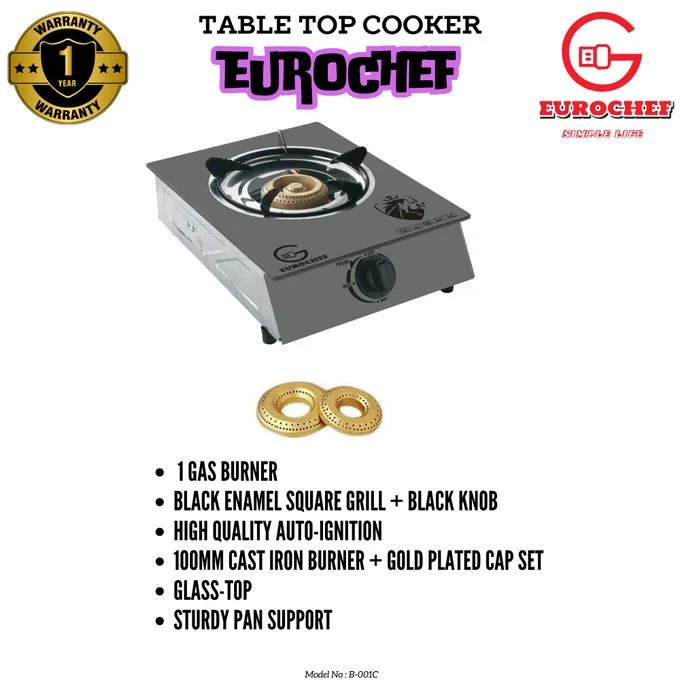 Eurochef B-001C DELUXE SINGLE BURNER AUTO IGNITION GAS COOKER WITH GLASS TOP -GREY — JayBright Technologies