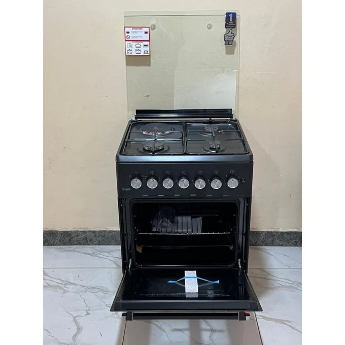 Mika Standing Cooker, 58cm x 58cm, 3 Gas Pool Jet Burners + 1 RAPID Hot Plate, Button Ignition, 3 Function Electric Oven, Matt Black WITH FREE PIPE AND REGULATOR AND CLIPS — JayBright Technologies