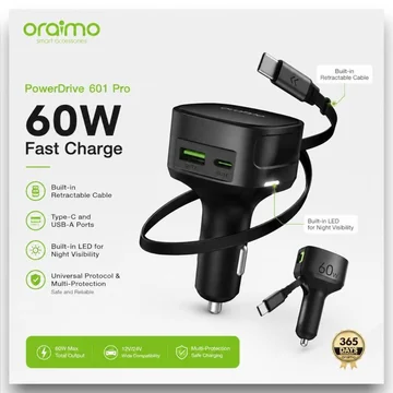 Oraimo Powerdrive 601 Pro OCC-7601T 60W Fast Car Charger With Built In Retractable Cable, image 2